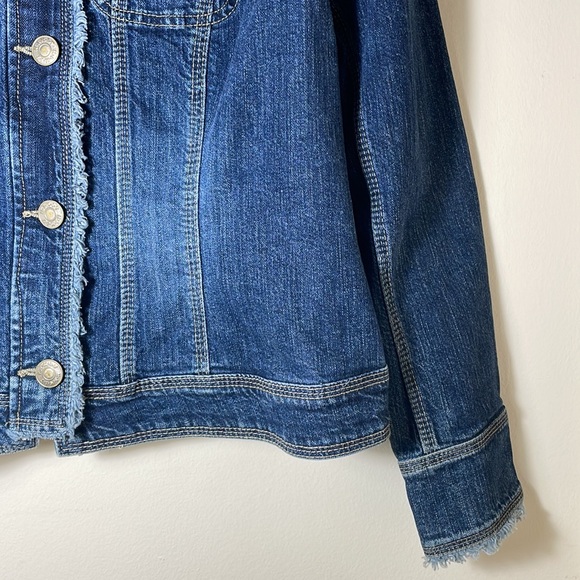 😎Y2K KIKIT JEANS Blue Jeans Jacket Pockets Fitted Raw Edge Frayed Moto Size XL - Picture 7 of 13